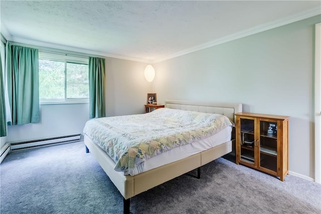 carpeted bedroom with ornamental molding and a baseboard heating unit