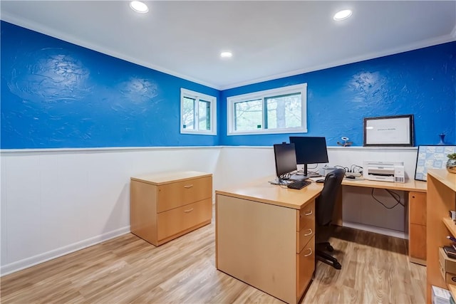 office featuring light wood finished floors, ornamental molding, and recessed lighting