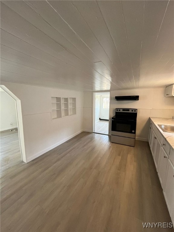 1597 Franklin St, Newfane, NY 14126 - kitchen with stainless steel range with electric cooktop, wood finished floors, white cabinets, light countertops, and wooden ceiling