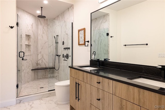 4490 Lauder Ln, Skaneateles, NY 13152 - full bathroom with marble look tiles, a marble finish shower, toilet, double vanity, and baseboards