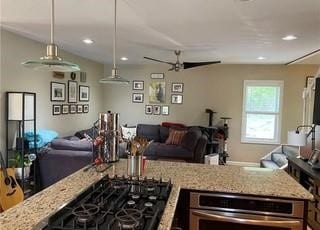 407 Gifford St, Hornellsville, NY 14843 - kitchen featuring open floor plan, gas stovetop, stainless steel oven, ceiling fan, and recessed lighting