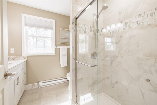 bathroom with a baseboard radiator, a stall shower, toilet, and vanity