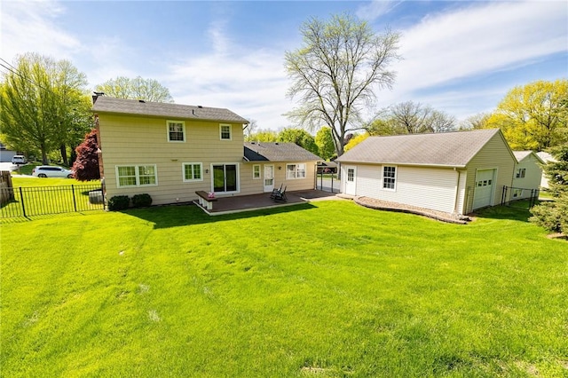 back of property featuring a patio area, an outdoor structure, and a garage