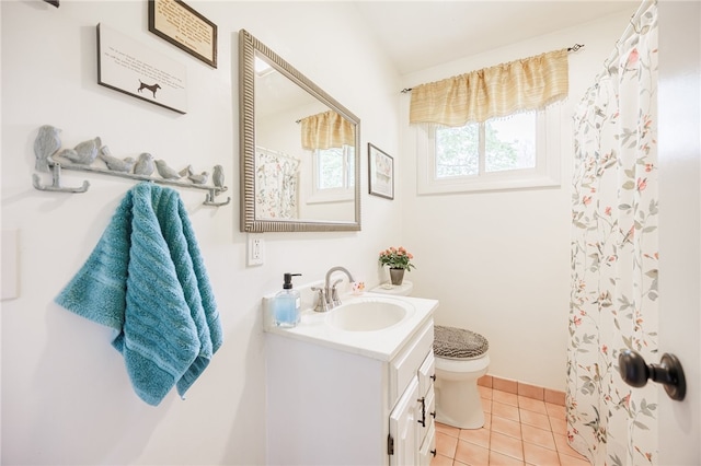 bathroom featuring tile patterned flooring, vanity, toilet, and a shower with shower curtain