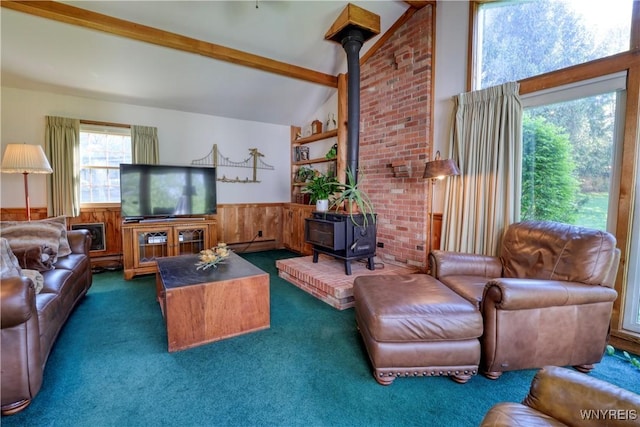 1604 Stardust Ln, Olean-City, NY 14760 - living area with a wood stove, dark carpet, and wainscoting