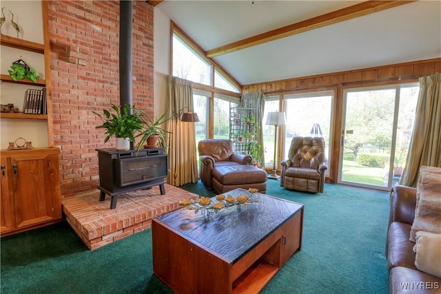 1604 Stardust Ln, Olean-City, NY 14760 - living area featuring a wood stove and carpet flooring