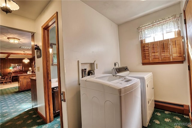 1604 Stardust Ln, Olean-City, NY 14760 - washroom with independent washer and dryer, baseboard heating, carpet flooring, and wood walls