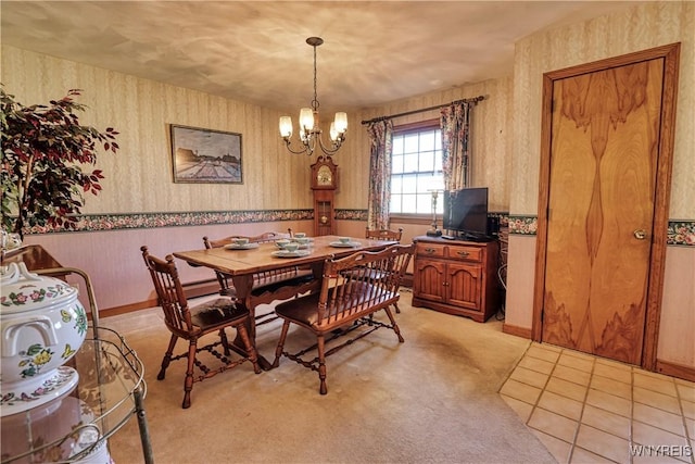 1604 Stardust Ln, Olean-City, NY 14760 - dining room featuring wallpapered walls, a chandelier, light carpet, and baseboards