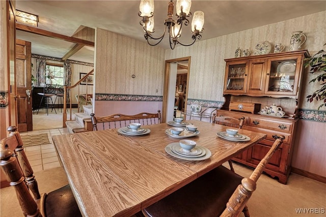 1604 Stardust Ln, Olean-City, NY 14760 - dining room featuring wallpapered walls, a chandelier, light carpet, and stairs