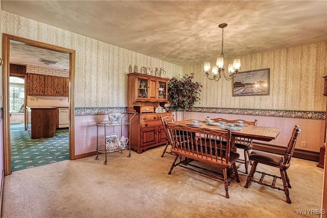 1604 Stardust Ln, Olean-City, NY 14760 - dining room with wallpapered walls, a chandelier, light colored carpet, and a baseboard heating unit