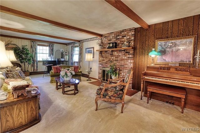 1604 Stardust Ln, Olean-City, NY 14760 - living room featuring carpet, beam ceiling, wood walls, and a fireplace