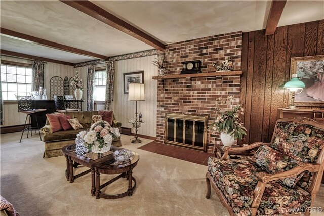 1604 Stardust Ln, Olean-City, NY 14760 - living room with carpet floors, beam ceiling, healthy amount of natural light, wood walls, and a brick fireplace