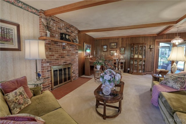 1604 Stardust Ln, Olean-City, NY 14760 - living room with beamed ceiling, wooden walls, a brick fireplace, and a chandelier