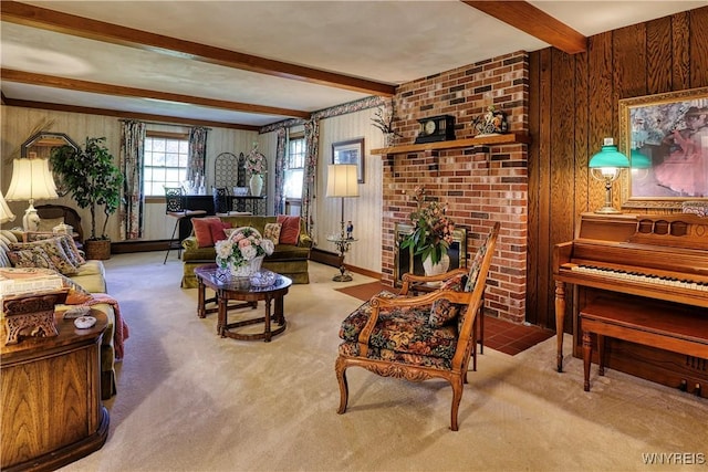 1604 Stardust Ln, Olean-City, NY 14760 - carpeted living area featuring beamed ceiling, wood walls, and a brick fireplace