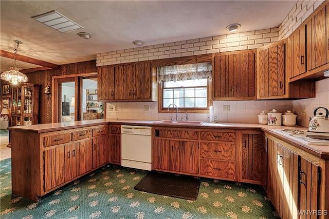 1604 Stardust Ln, Olean-City, NY 14760 - kitchen with white appliances, a sink, dark colored carpet, a peninsula, and decorative backsplash