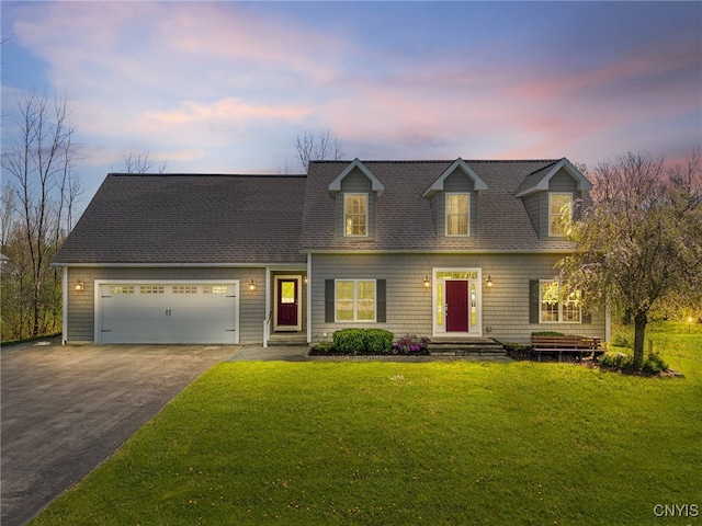 3543 Lost Hollow Rd, Skaneateles, NY 13152 - cape cod home featuring asphalt driveway, a garage, a lawn, and roof with shingles