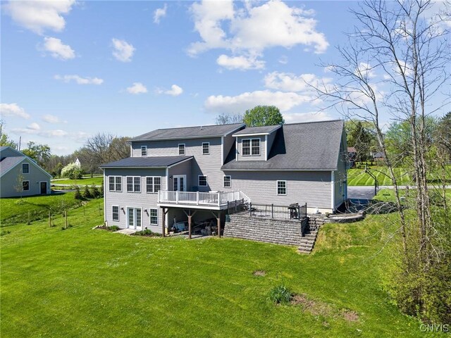 3543 Lost Hollow Rd, Skaneateles, NY 13152 - rear view of property featuring a wooden deck, a yard, and stairway