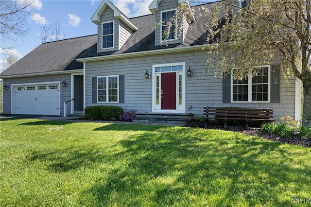 3543 Lost Hollow Rd, Skaneateles, NY 13152 - cape cod house with an attached garage, a shingled roof, a front yard, entry steps, and asphalt driveway
