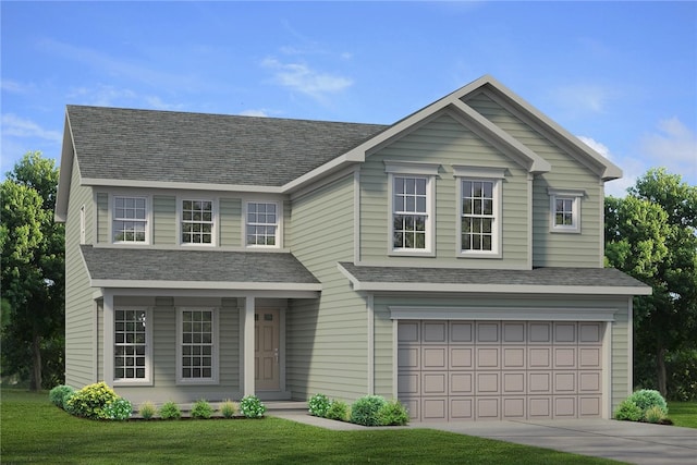 view of front of house featuring a garage, roof with shingles, concrete driveway, and a front yard