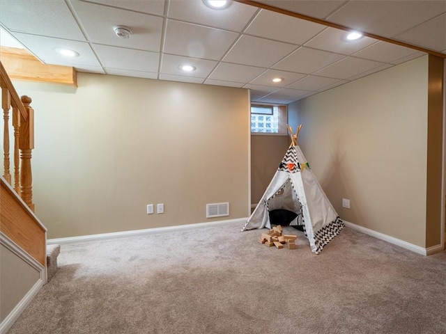 rec room featuring carpet, recessed lighting, and baseboards