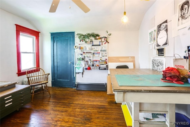 82 Radcliffe Rd, Buffalo, NY 14214 - dining space featuring vaulted ceiling, dark wood-style floors, and ceiling fan