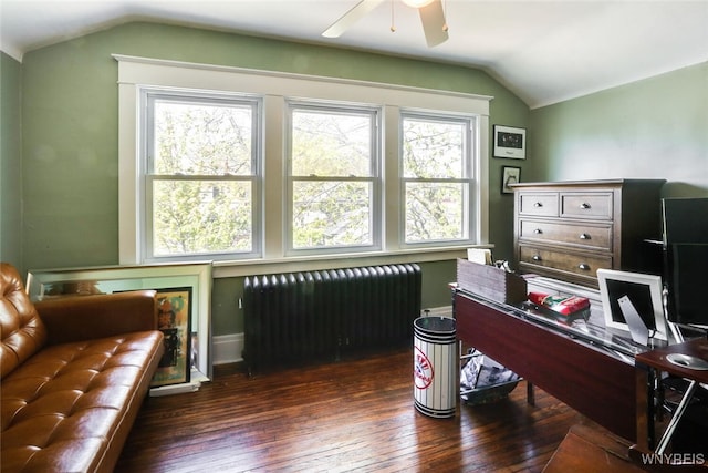 82 Radcliffe Rd, Buffalo, NY 14214 - office area featuring vaulted ceiling, radiator, hardwood / wood-style flooring, and ceiling fan