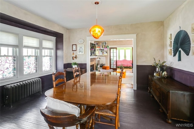 82 Radcliffe Rd, Buffalo, NY 14214 - dining room featuring radiator heating unit, dark wood finished floors, and wainscoting