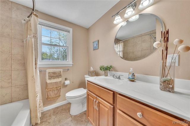 full bath featuring vanity, toilet, tile patterned floors, baseboards, and shower / tub combo with curtain