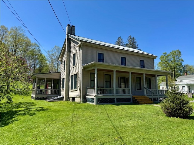 2395 State Highway 205, Laurens, NY 13810 - rear view of property with a chimney, a porch, a lawn, and a sunroom