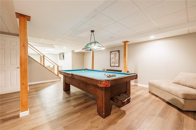 game room with a drop ceiling, baseboards, billiards table, and light wood finished floors