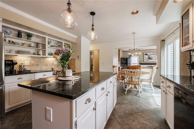 kitchen featuring dishwasher, white cabinets, ornamental molding, a center island, and open shelves
