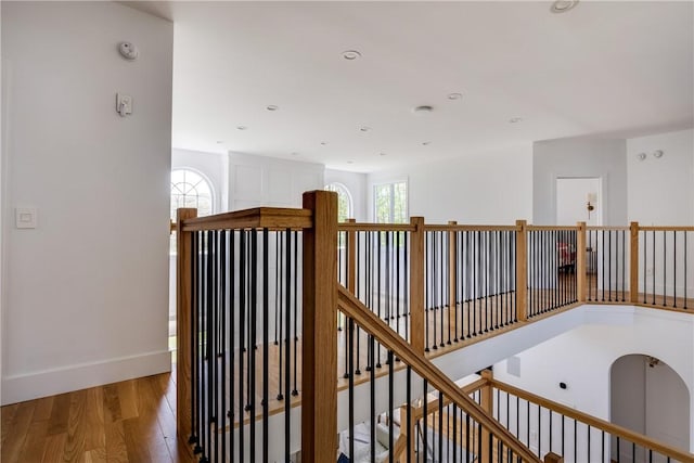 313 Wexford Ln, Horseheads, NY 14845 - hallway featuring an upstairs landing, wood finished floors, baseboards, and recessed lighting