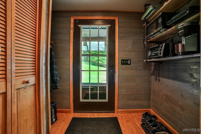 entryway featuring wood walls, wood finished floors, healthy amount of natural light, and baseboards