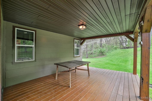 wooden deck featuring a lawn