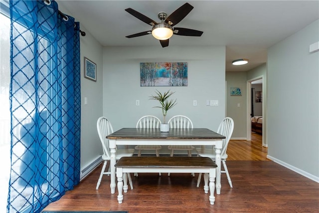 dining area with wood finished floors, baseboards, and ceiling fan