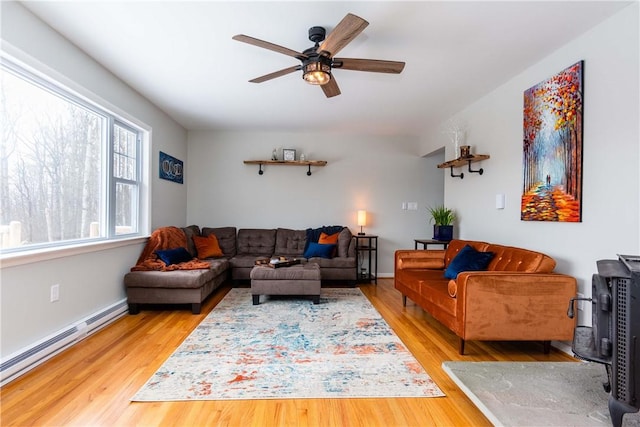 living area with a baseboard radiator, wood finished floors, and ceiling fan