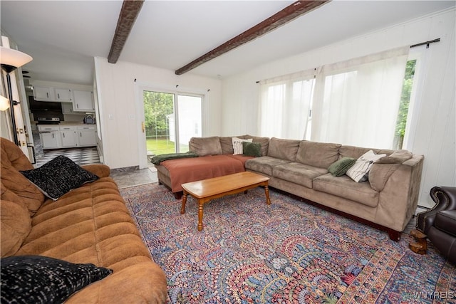 living area featuring beamed ceiling
