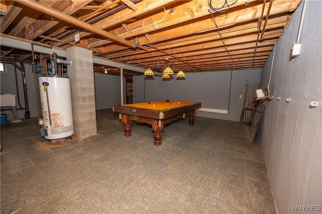 finished below grade area with gas water heater and pool table