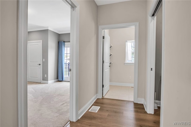corridor with plenty of natural light, baseboards, and wood finished floors
