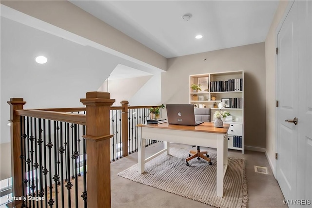 carpeted home office with recessed lighting and baseboards