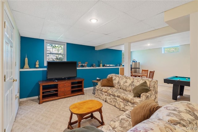 4268 Colorado Run, Onondaga, NY 13215 - carpeted living room with a drop ceiling, baseboards, billiards, and healthy amount of natural light