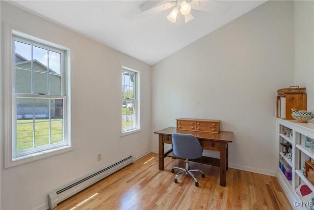 4268 Colorado Run, Onondaga, NY 13215 - office with a baseboard radiator, light wood-style floors, vaulted ceiling, a ceiling fan, and baseboards
