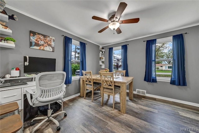 11965 Clinton St, Marilla, NY 14004 - office featuring crown molding, plenty of natural light, a ceiling fan, wood finished floors, and baseboards