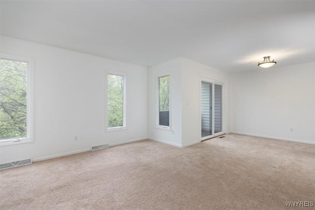 unfurnished room featuring healthy amount of natural light and light colored carpet