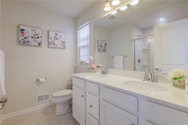 full bath with tile patterned flooring, a shower stall, toilet, baseboards, and double vanity