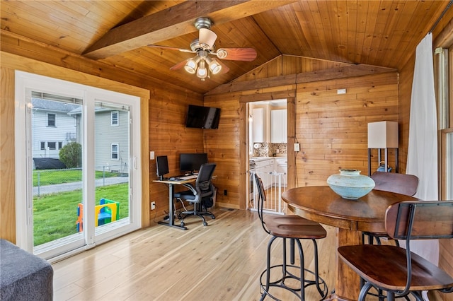 dining space featuring wooden walls, a desk, light wood finished floors, a ceiling fan, and wood ceiling