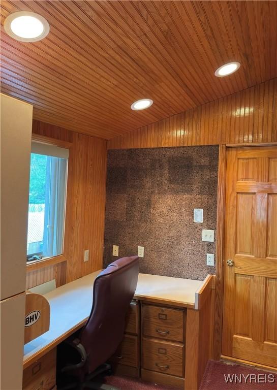 116 Fuller Ave, Tonawanda-City, NY 14150 - office with built in desk, wood ceiling, recessed lighting, and wood walls