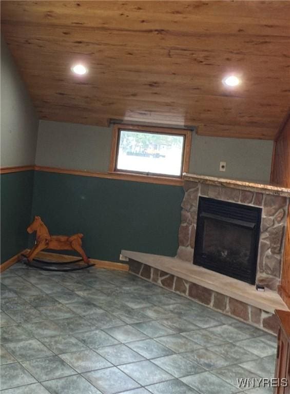 116 Fuller Ave, Tonawanda-City, NY 14150 - interior space featuring wood ceiling, a fireplace, baseboards, and recessed lighting