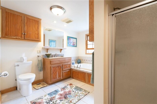 52 High St, Alfred, NY 14802 - bathroom featuring tile patterned flooring, a shower stall, toilet, a bath, and vanity