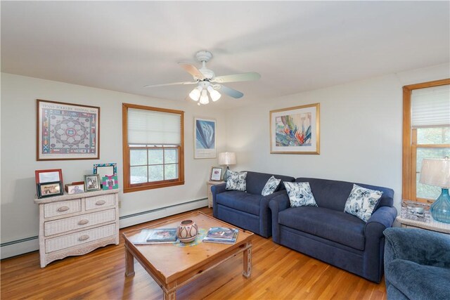 52 High St, Alfred, NY 14802 - living room with a baseboard radiator, ceiling fan, and wood finished floors